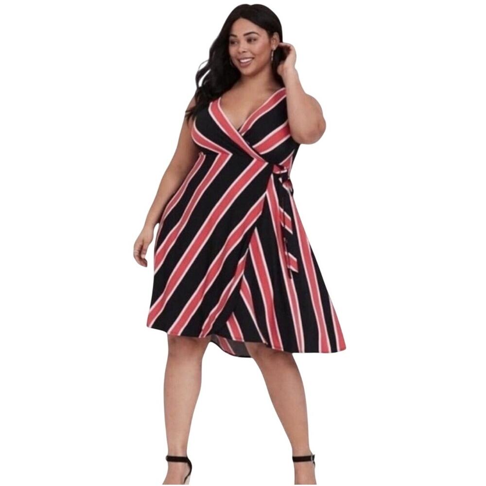 Torrid Black Red Striped Surplice Faux Wrap Hi-Low Sleeveless Dress Plus Size 3X